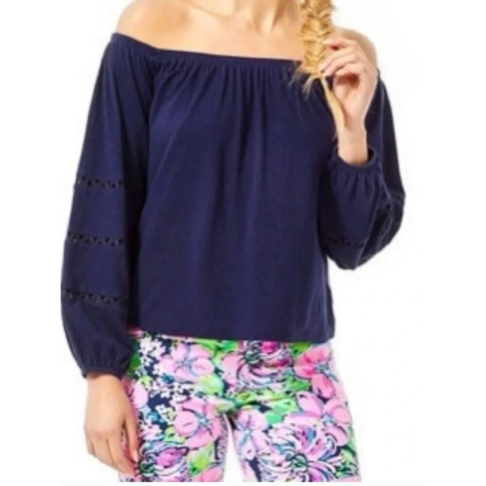 Lilly Pulitzer Katt Top Size XL True Navy Off-the-Shoulder Sleeve Cutouts